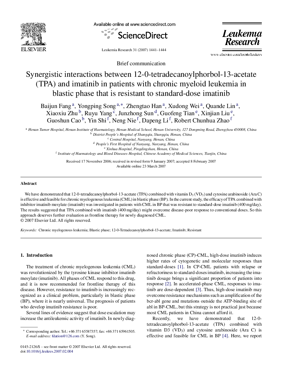 Synergistic interactions between 12-0-tetradecanoylphorbol-13-acetate (TPA) and imatinib in patients with chronic myeloid leukemia in blastic phase that is resistant to standard-dose imatinib