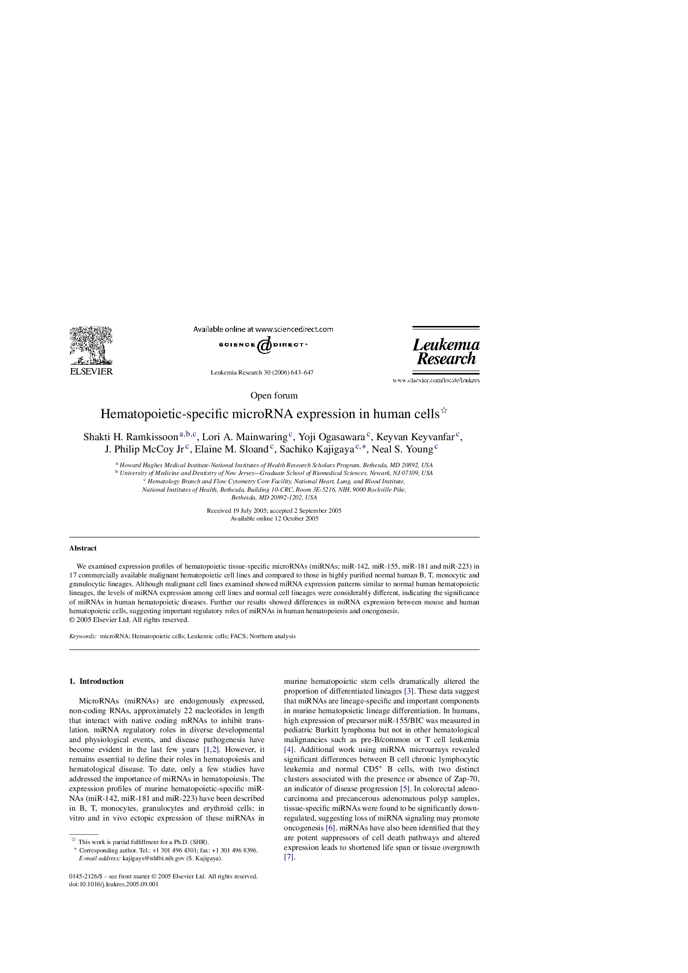 عکس صفحه اول مقاله: Hematopoietic-specific microRNA expression in human cells Hematopoietic-specific microRNA expression in human cells
