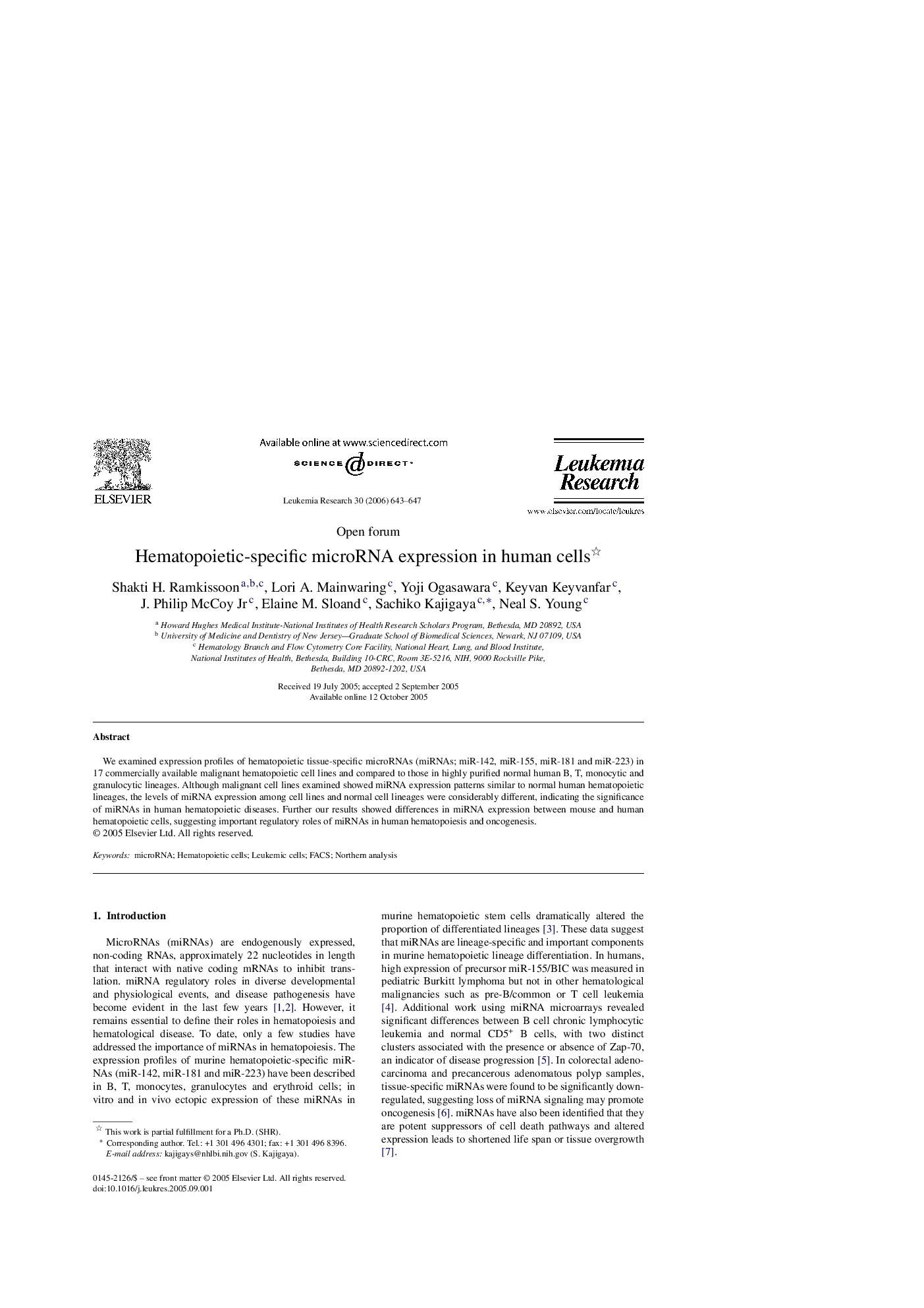 Hematopoietic-specific microRNA expression in human cells 