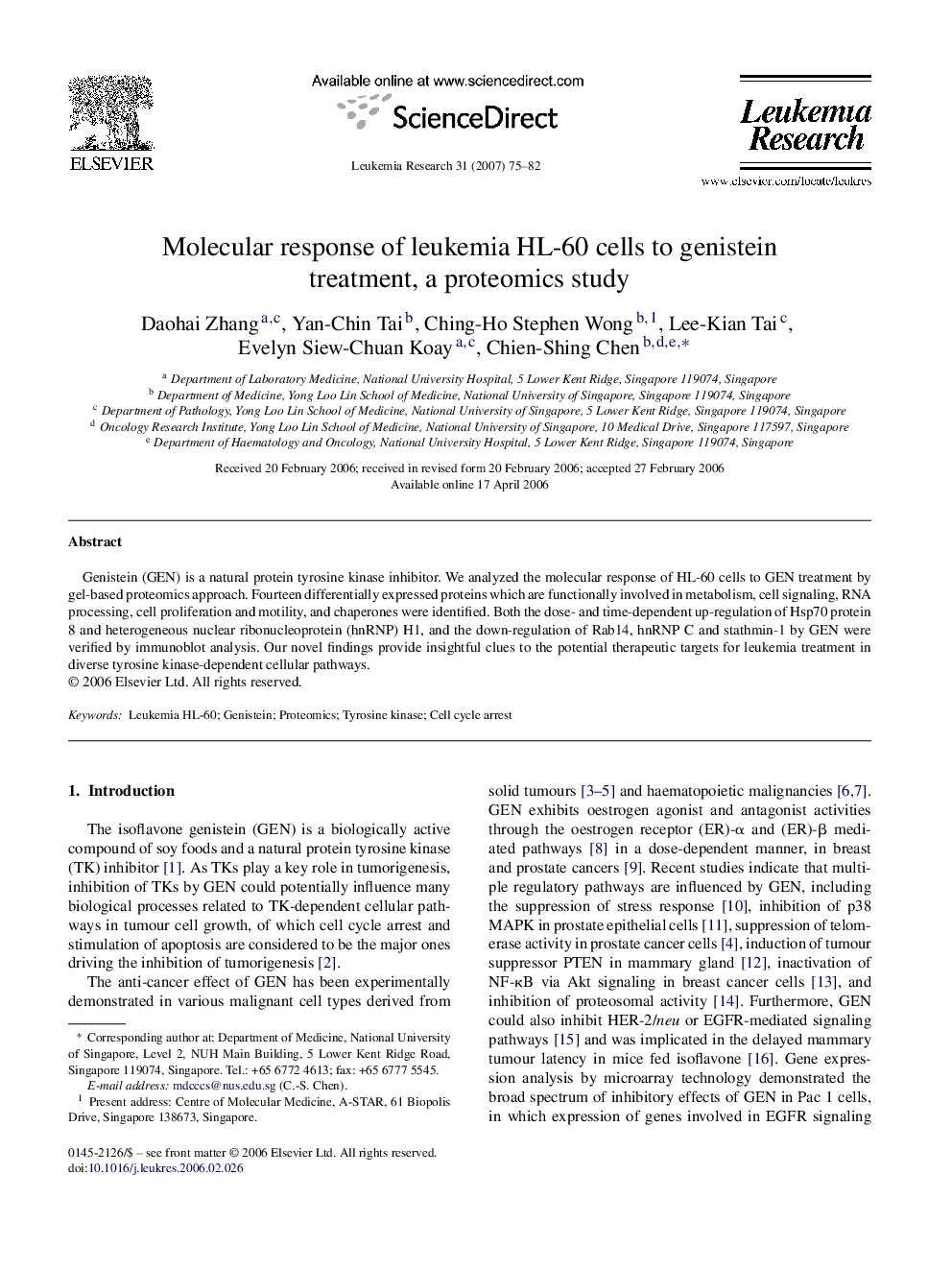 Molecular response of leukemia HL-60 cells to genistein treatment, a proteomics study