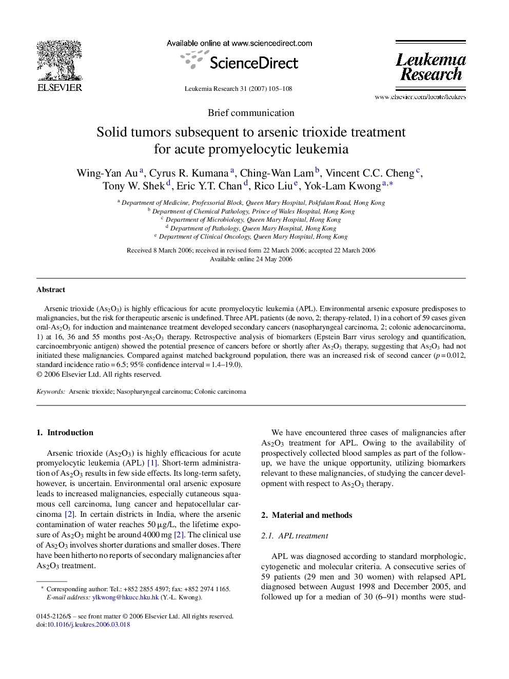 Solid tumors subsequent to arsenic trioxide treatment for acute promyelocytic leukemia