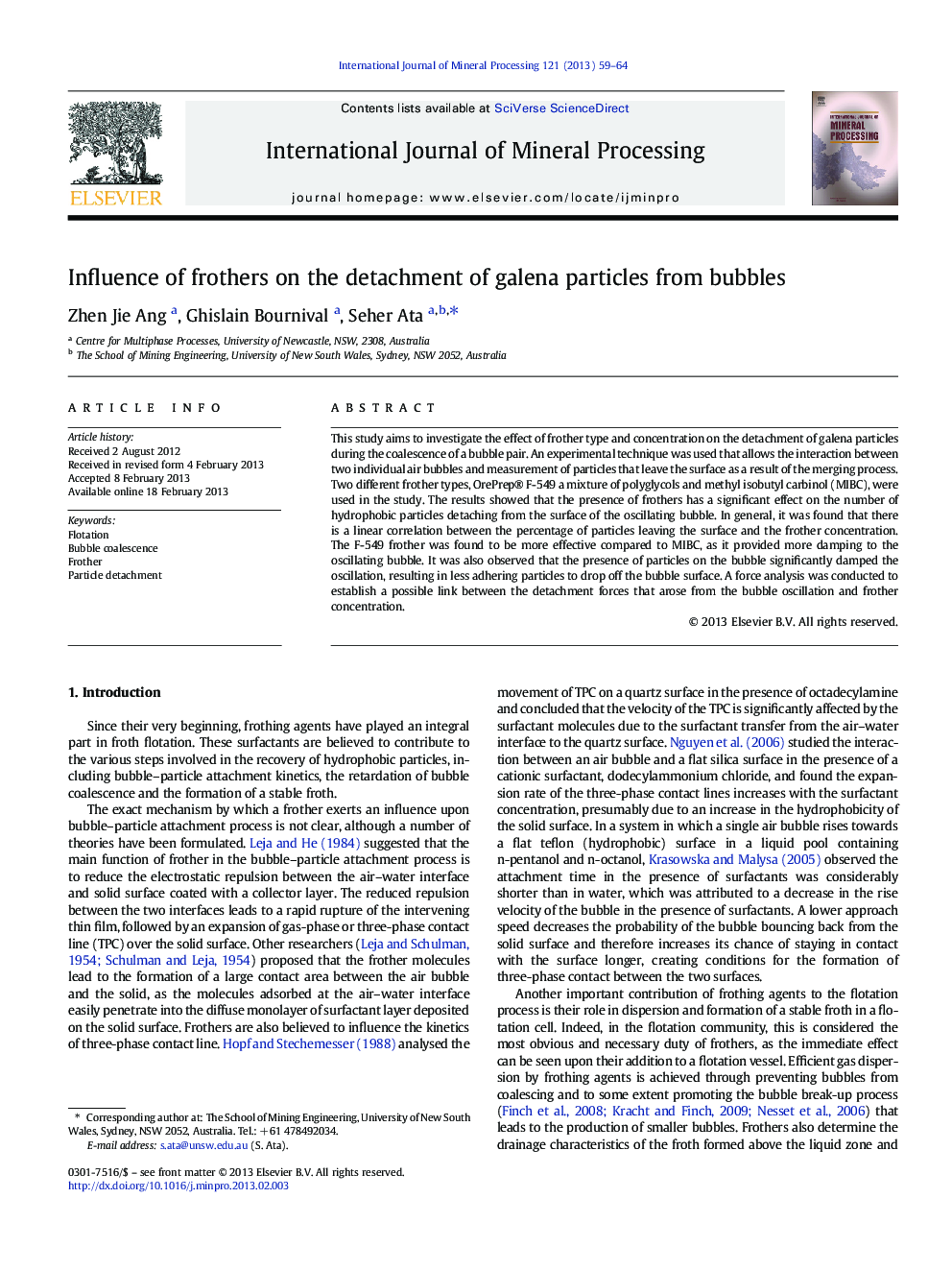 Influence of frothers on the detachment of galena particles from bubbles