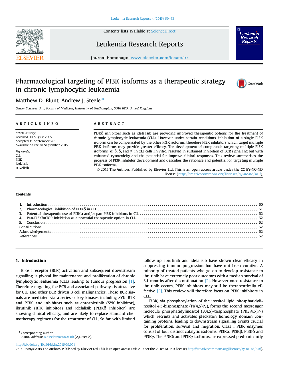 Pharmacological targeting of PI3K isoforms as a therapeutic strategy in chronic lymphocytic leukaemia