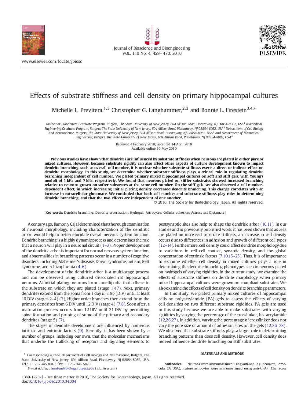 Effects of substrate stiffness and cell density on primary hippocampal cultures