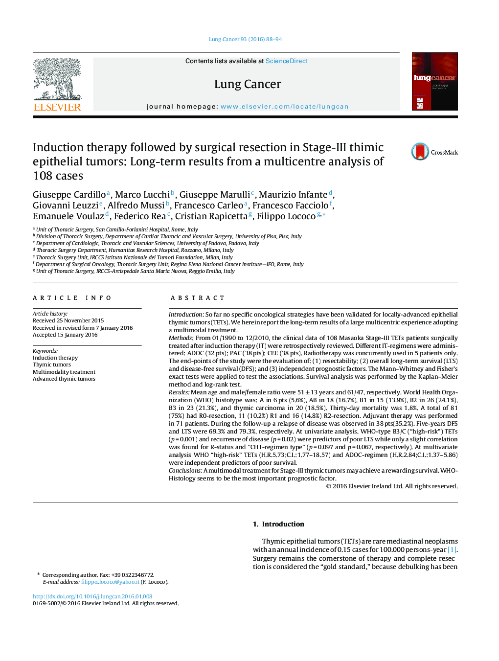 Induction therapy followed by surgical resection in Stage-III thimic epithelial tumors: Long-term results from a multicentre analysis of 108 cases