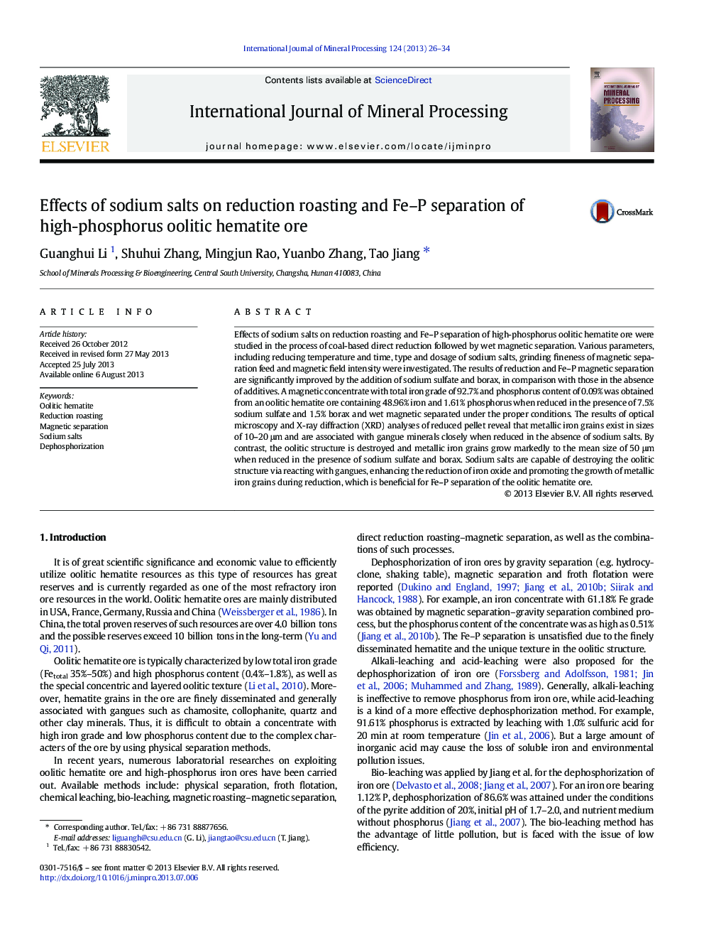 عکس صفحه اول مقاله: Effects of sodium salts on reduction roasting and Fe–P separation of high-phosphorus oolitic hematite ore Effects of sodium salts on reduction roasting and Fe–P separation of high-phosphorus oolitic hematite ore