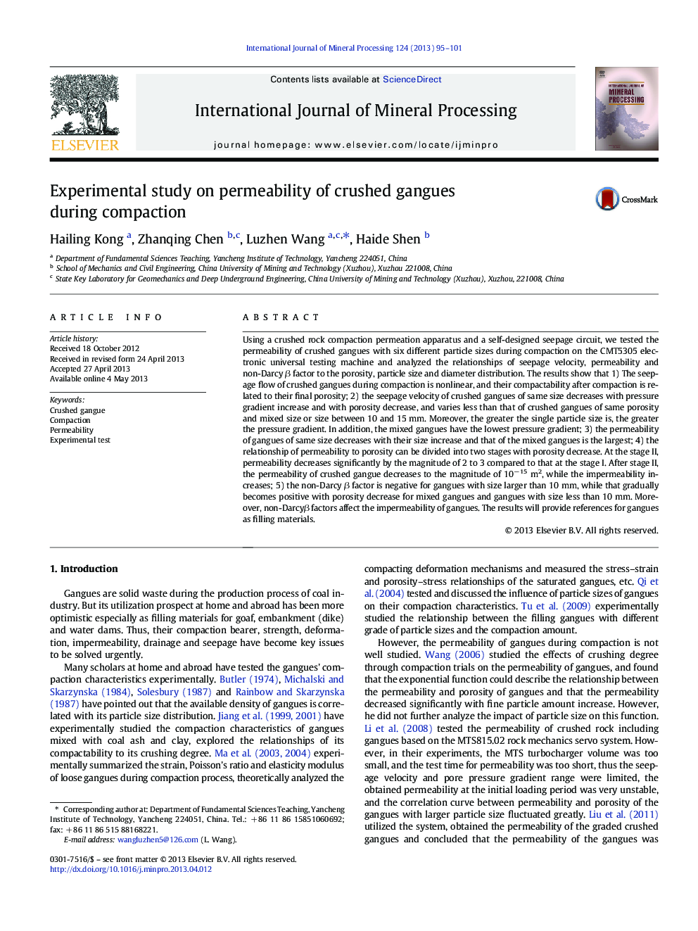 Experimental study on permeability of crushed gangues during compaction