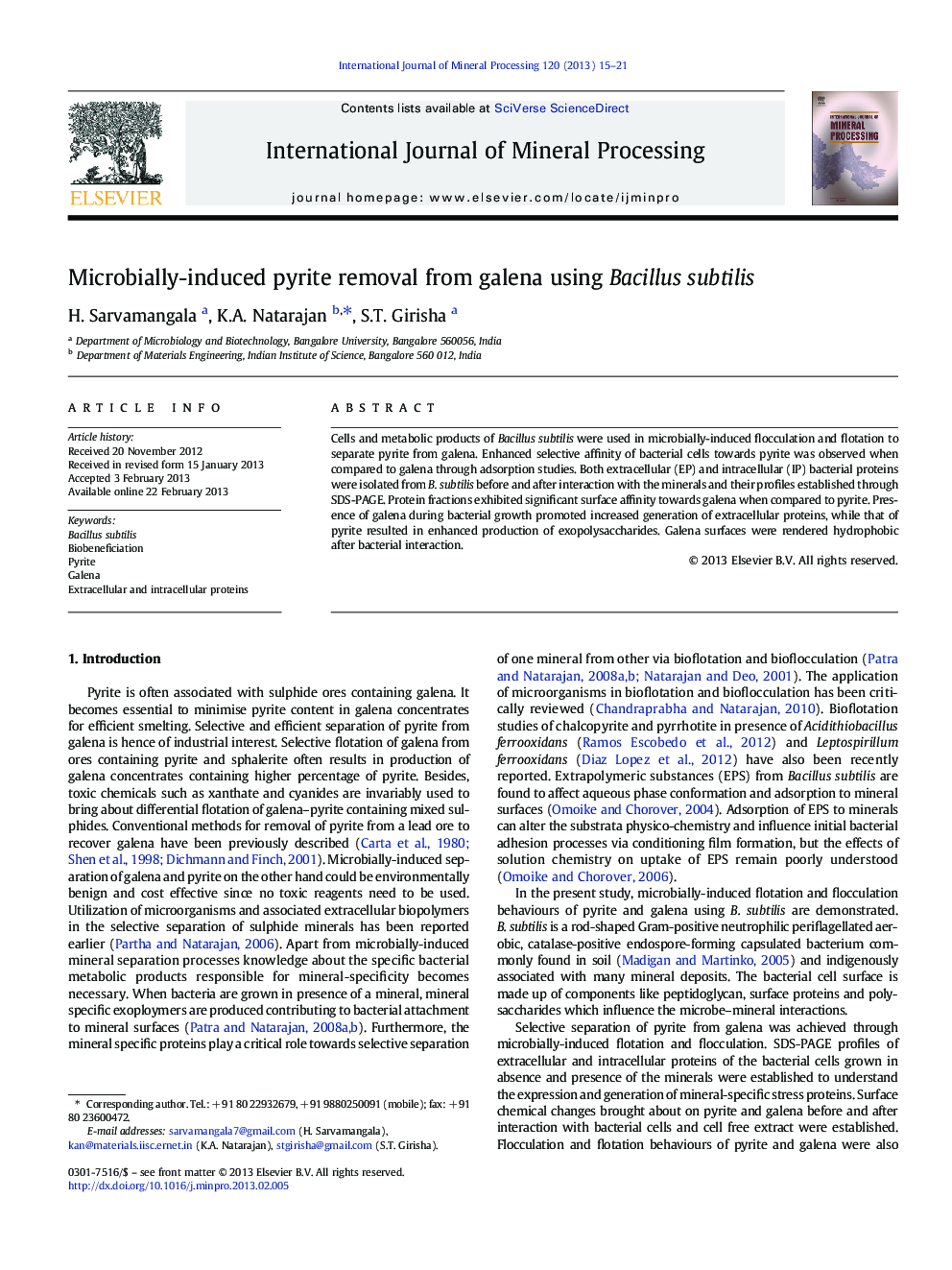 Microbially-induced pyrite removal from galena using Bacillus subtilis