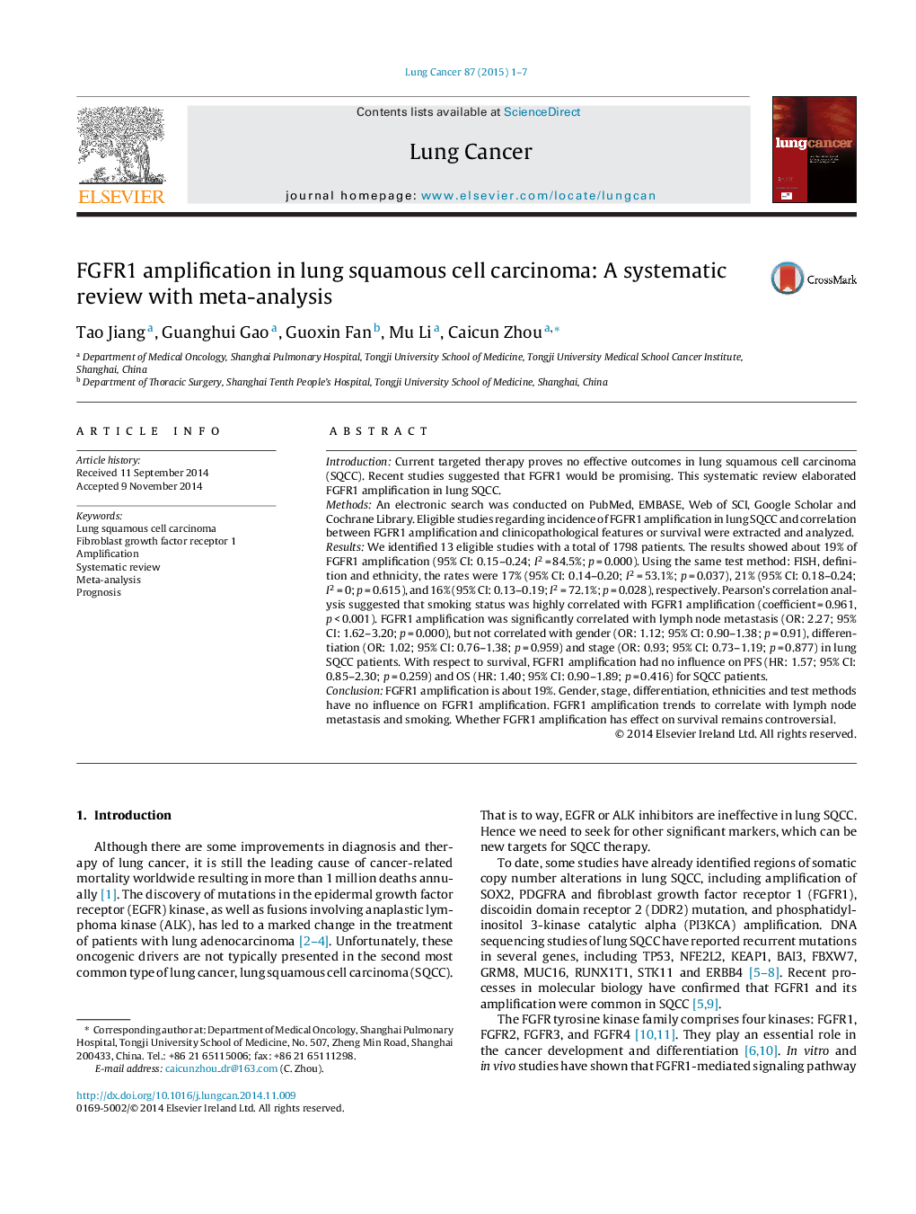 FGFR1 amplification in lung squamous cell carcinoma: A systematic review with meta-analysis