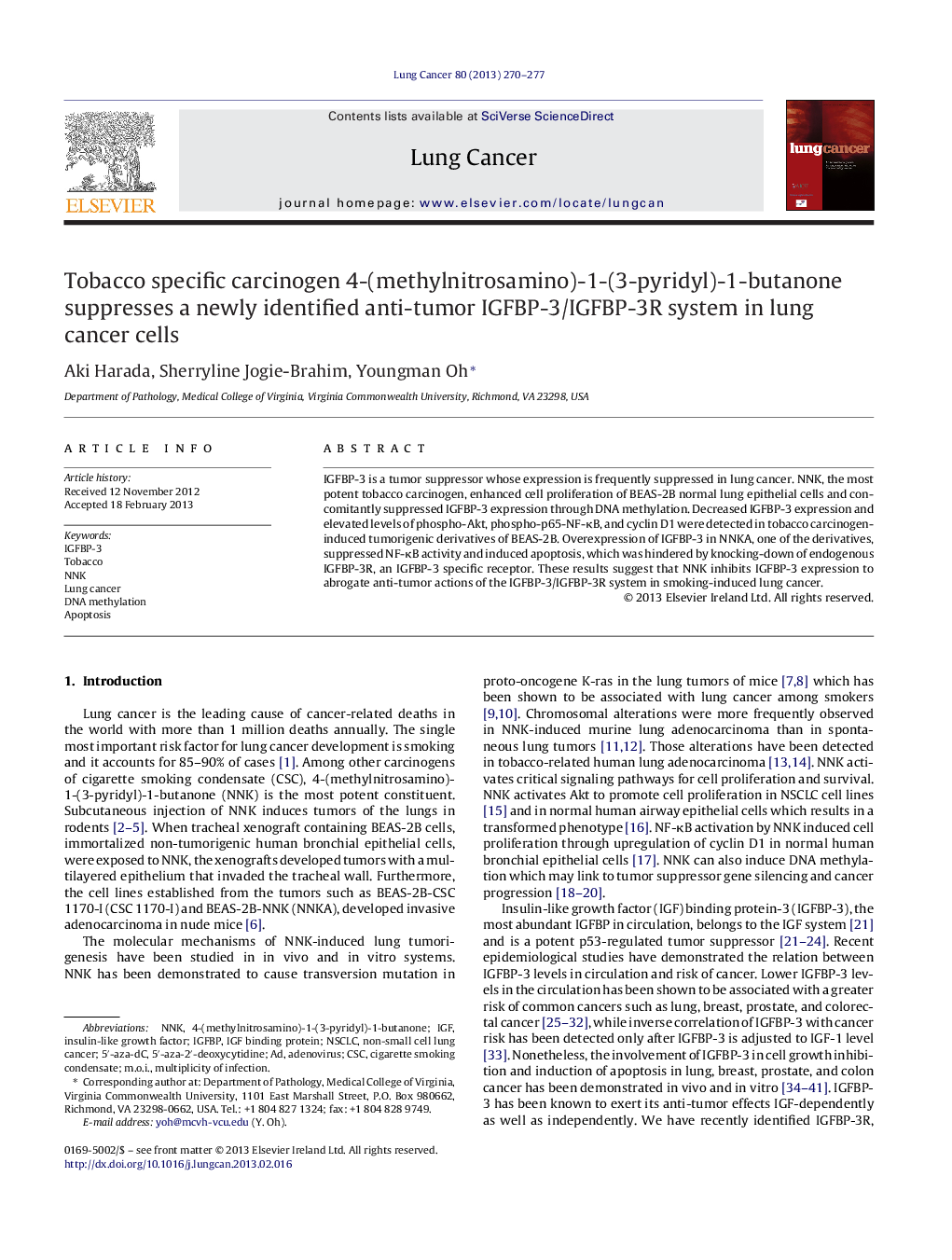 Tobacco specific carcinogen 4-(methylnitrosamino)-1-(3-pyridyl)-1-butanone suppresses a newly identified anti-tumor IGFBP-3/IGFBP-3R system in lung cancer cells