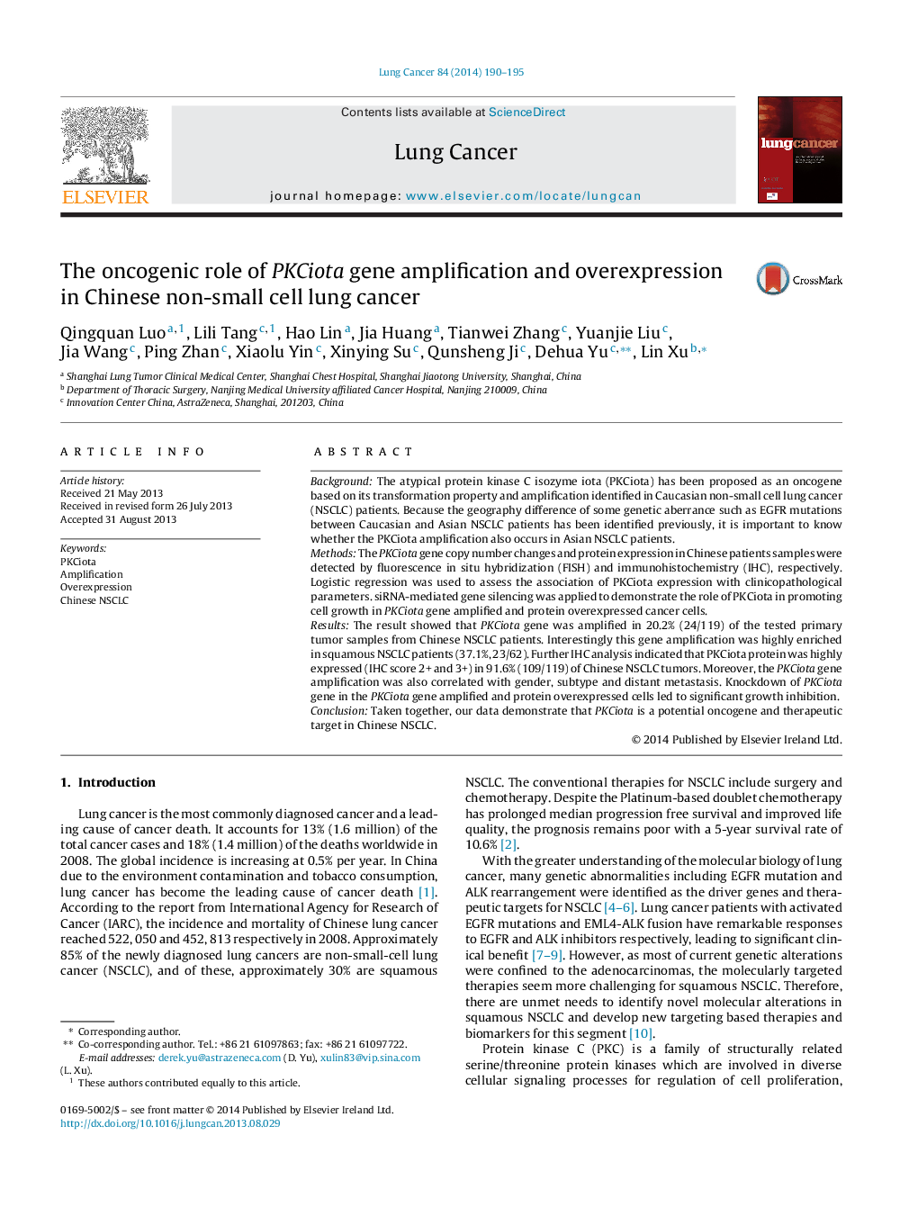 The oncogenic role of PKCiota gene amplification and overexpression in Chinese non-small cell lung cancer