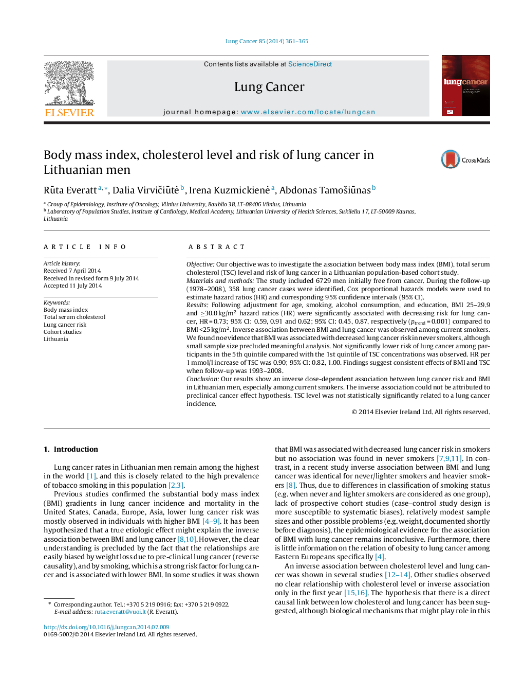 Body mass index, cholesterol level and risk of lung cancer in Lithuanian men