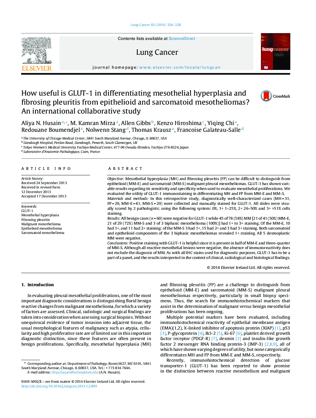 How useful is GLUT-1 in differentiating mesothelial hyperplasia and fibrosing pleuritis from epithelioid and sarcomatoid mesotheliomas? An international collaborative study