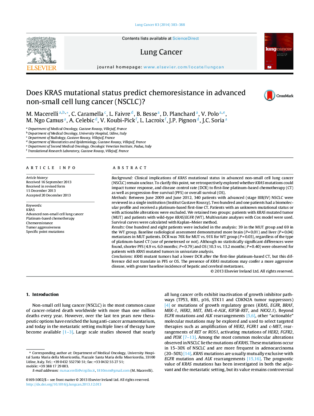 Does KRAS mutational status predict chemoresistance in advanced non-small cell lung cancer (NSCLC)?