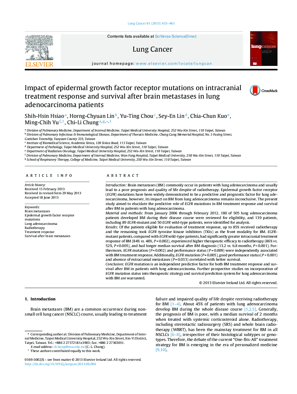 Impact of epidermal growth factor receptor mutations on intracranial treatment response and survival after brain metastases in lung adenocarcinoma patients