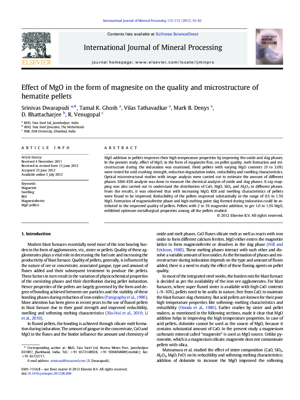 Effect of MgO in the form of magnesite on the quality and microstructure of hematite pellets