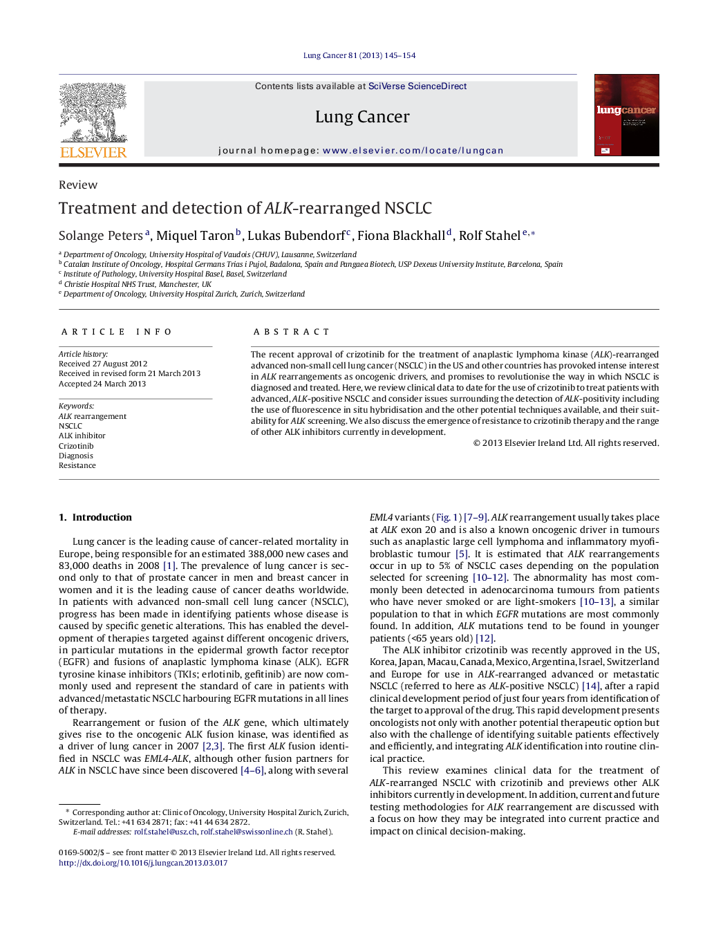 Treatment and detection of ALK-rearranged NSCLC