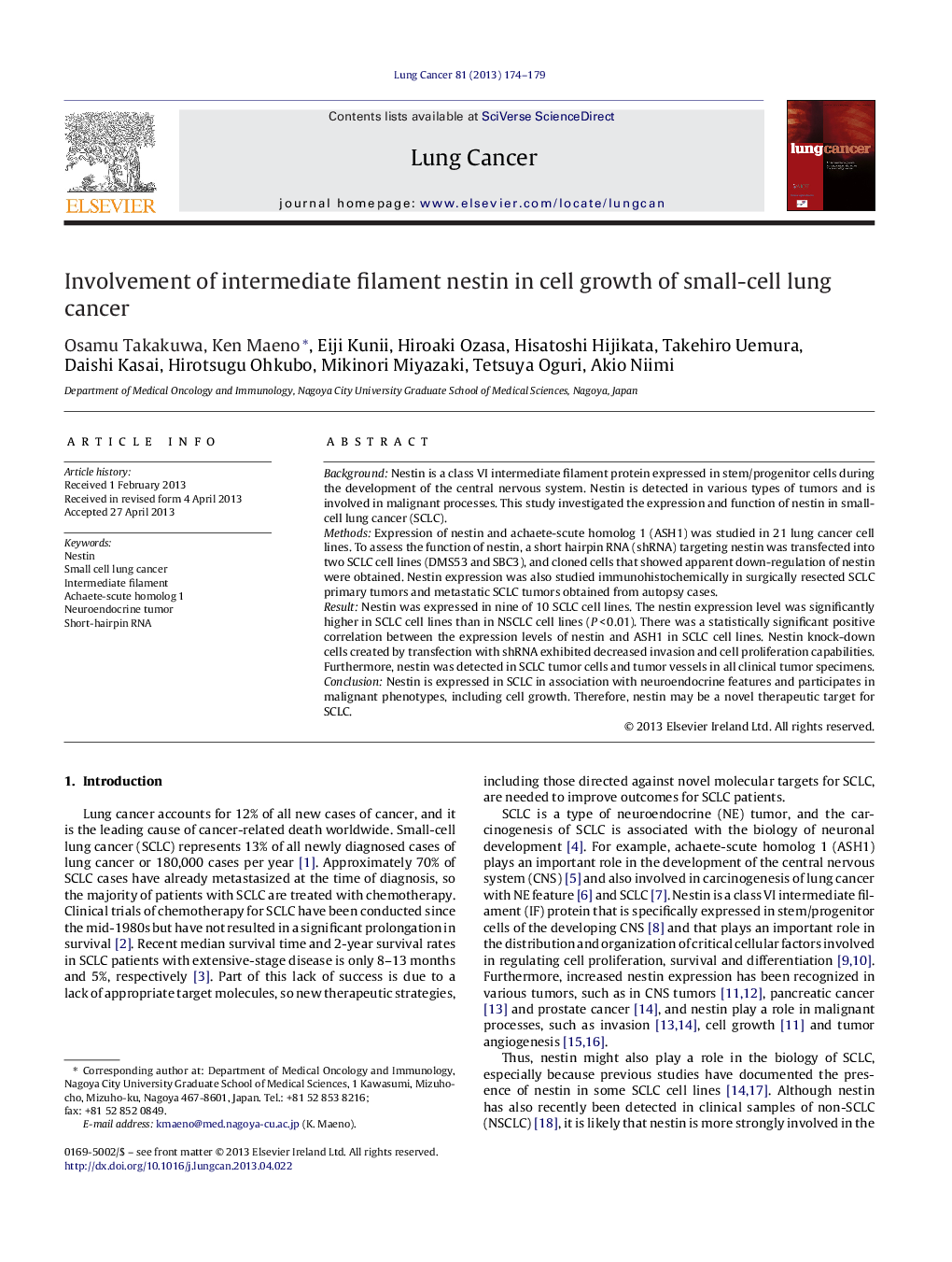 Involvement of intermediate filament nestin in cell growth of small-cell lung cancer