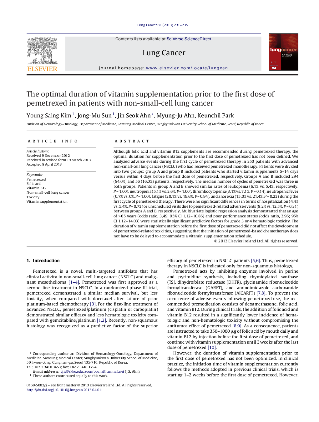 The optimal duration of vitamin supplementation prior to the first dose of pemetrexed in patients with non-small-cell lung cancer