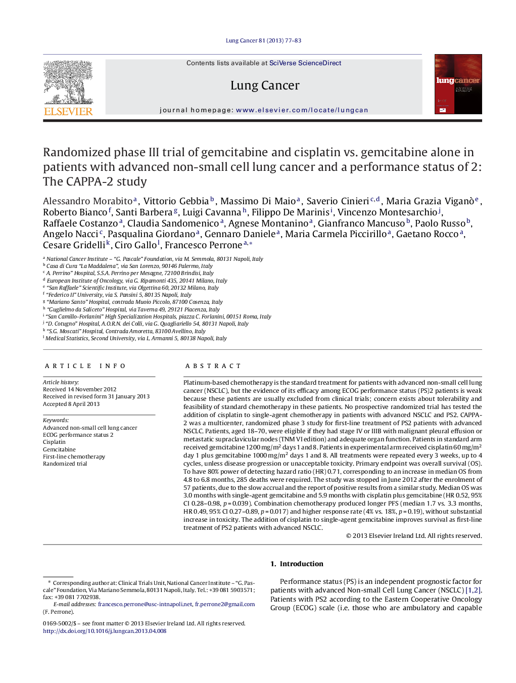 Randomized phase III trial of gemcitabine and cisplatin vs. gemcitabine alone in patients with advanced non-small cell lung cancer and a performance status of 2: The CAPPA-2 study