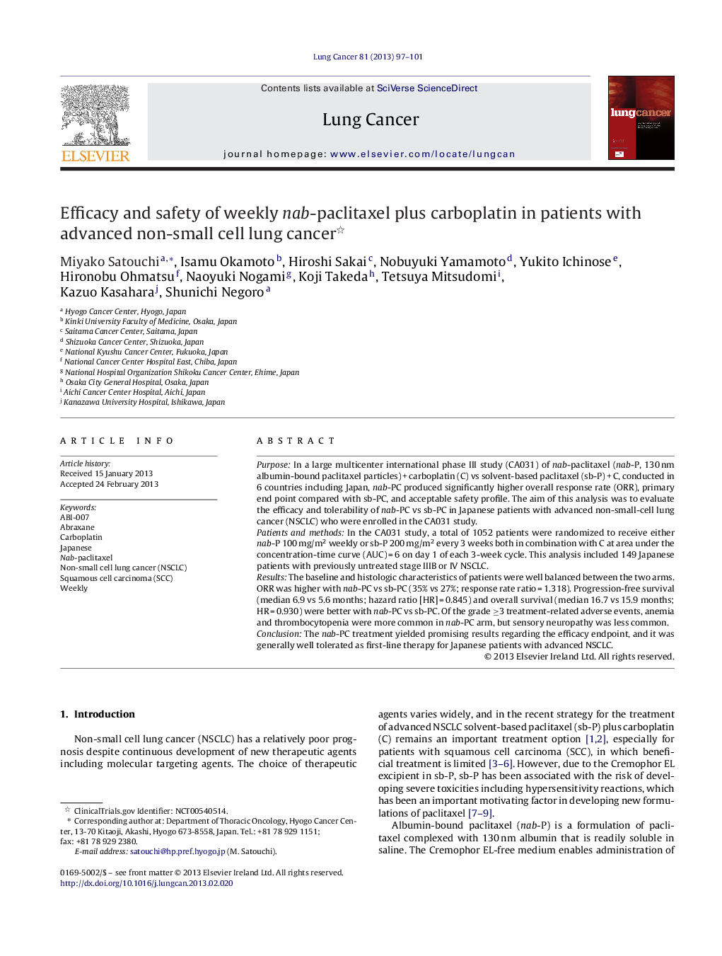 Efficacy and safety of weekly nab-paclitaxel plus carboplatin in patients with advanced non-small cell lung cancer 