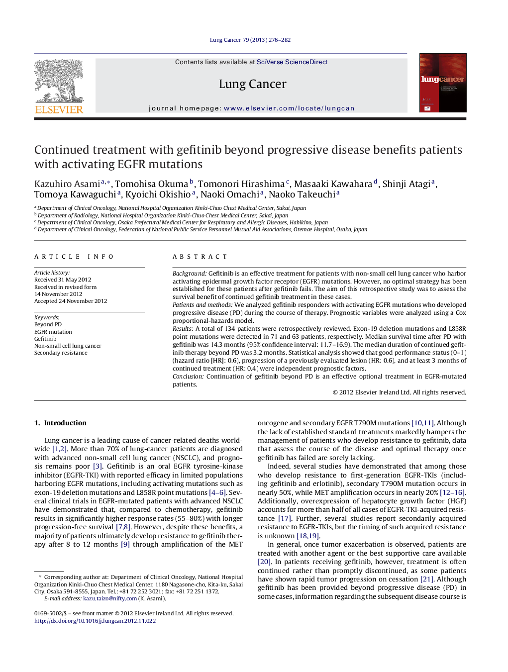 Continued treatment with gefitinib beyond progressive disease benefits patients with activating EGFR mutations