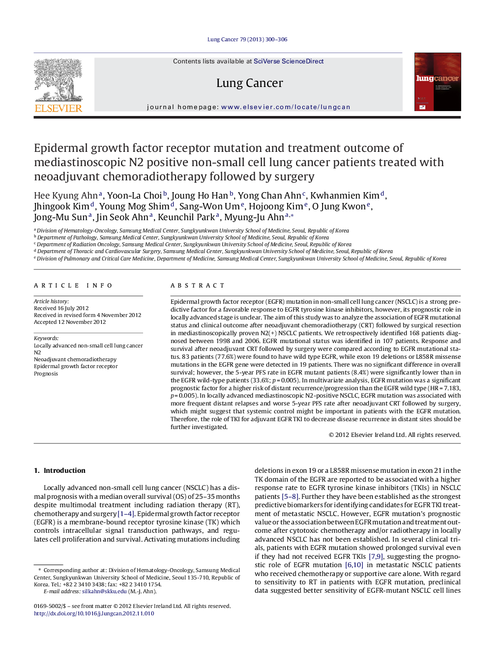 Epidermal growth factor receptor mutation and treatment outcome of mediastinoscopic N2 positive non-small cell lung cancer patients treated with neoadjuvant chemoradiotherapy followed by surgery