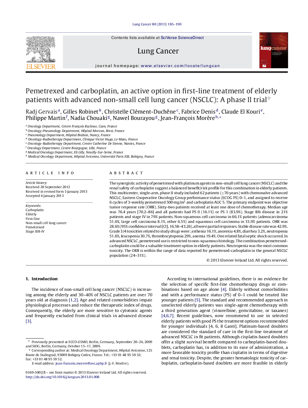 Pemetrexed and carboplatin, an active option in first-line treatment of elderly patients with advanced non-small cell lung cancer (NSCLC): A phase II trial 