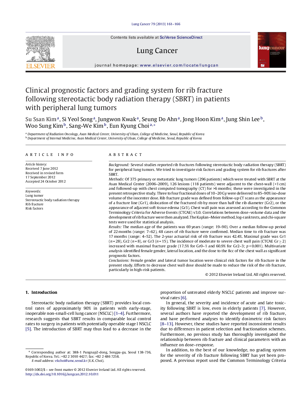 Clinical prognostic factors and grading system for rib fracture following stereotactic body radiation therapy (SBRT) in patients with peripheral lung tumors