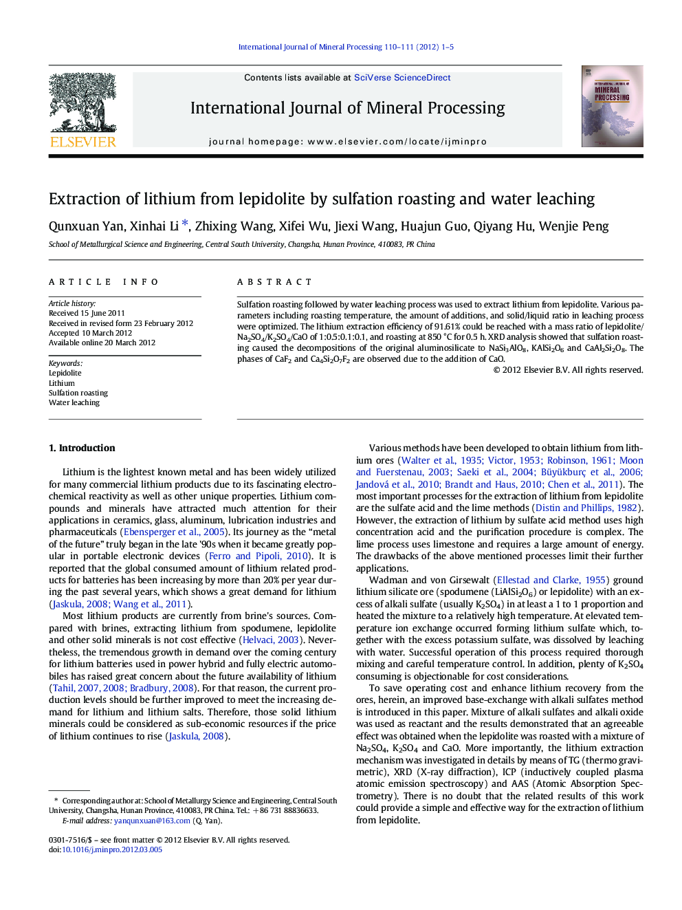 Extraction of lithium from lepidolite by sulfation roasting and water leaching