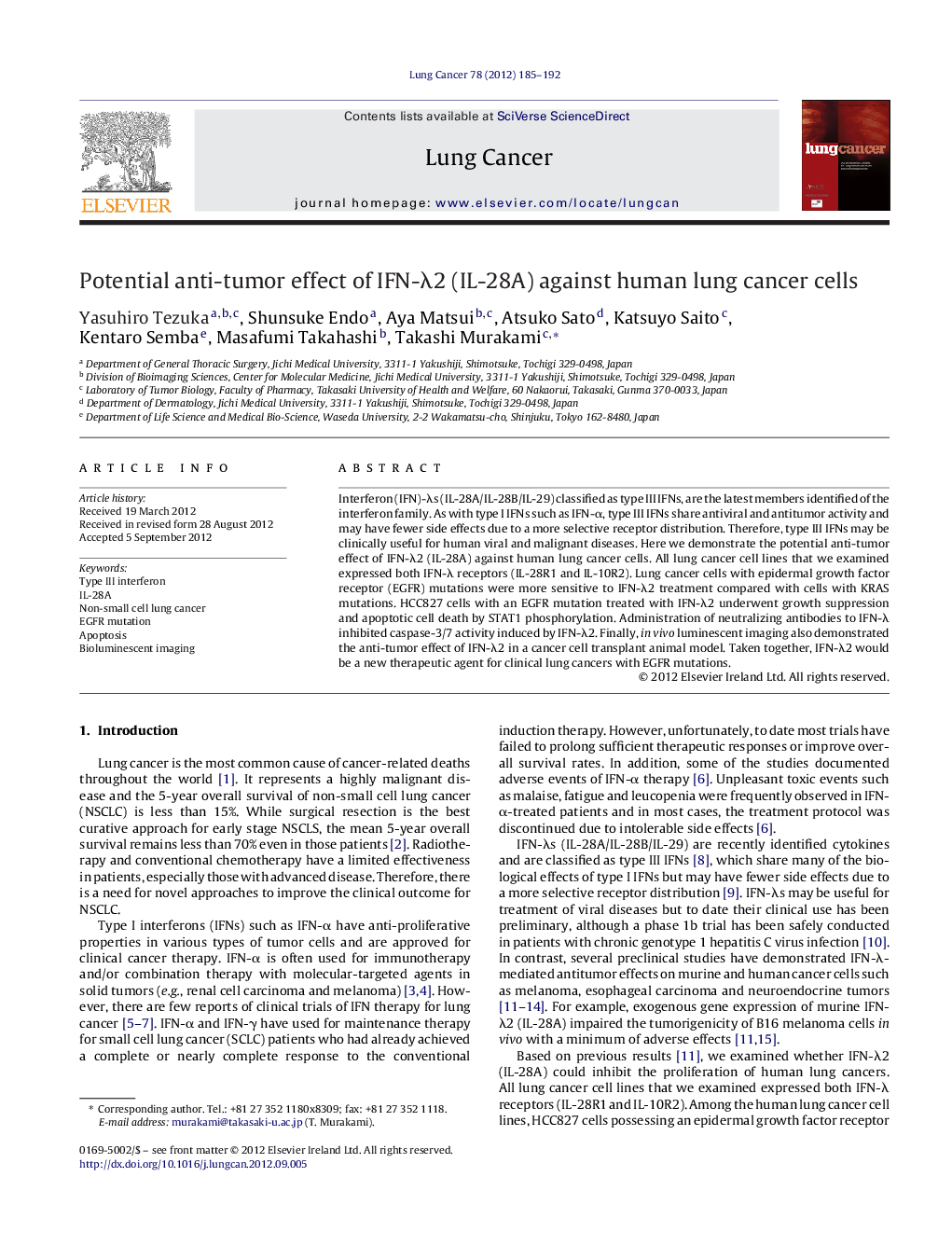 Potential anti-tumor effect of IFN-λ2 (IL-28A) against human lung cancer cells