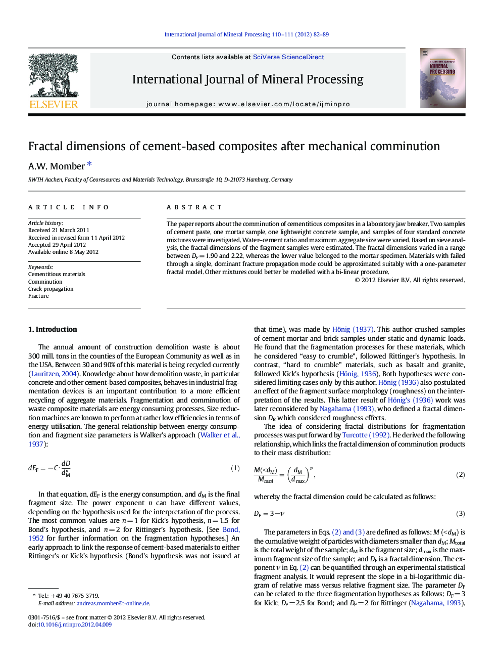 Fractal dimensions of cement-based composites after mechanical comminution