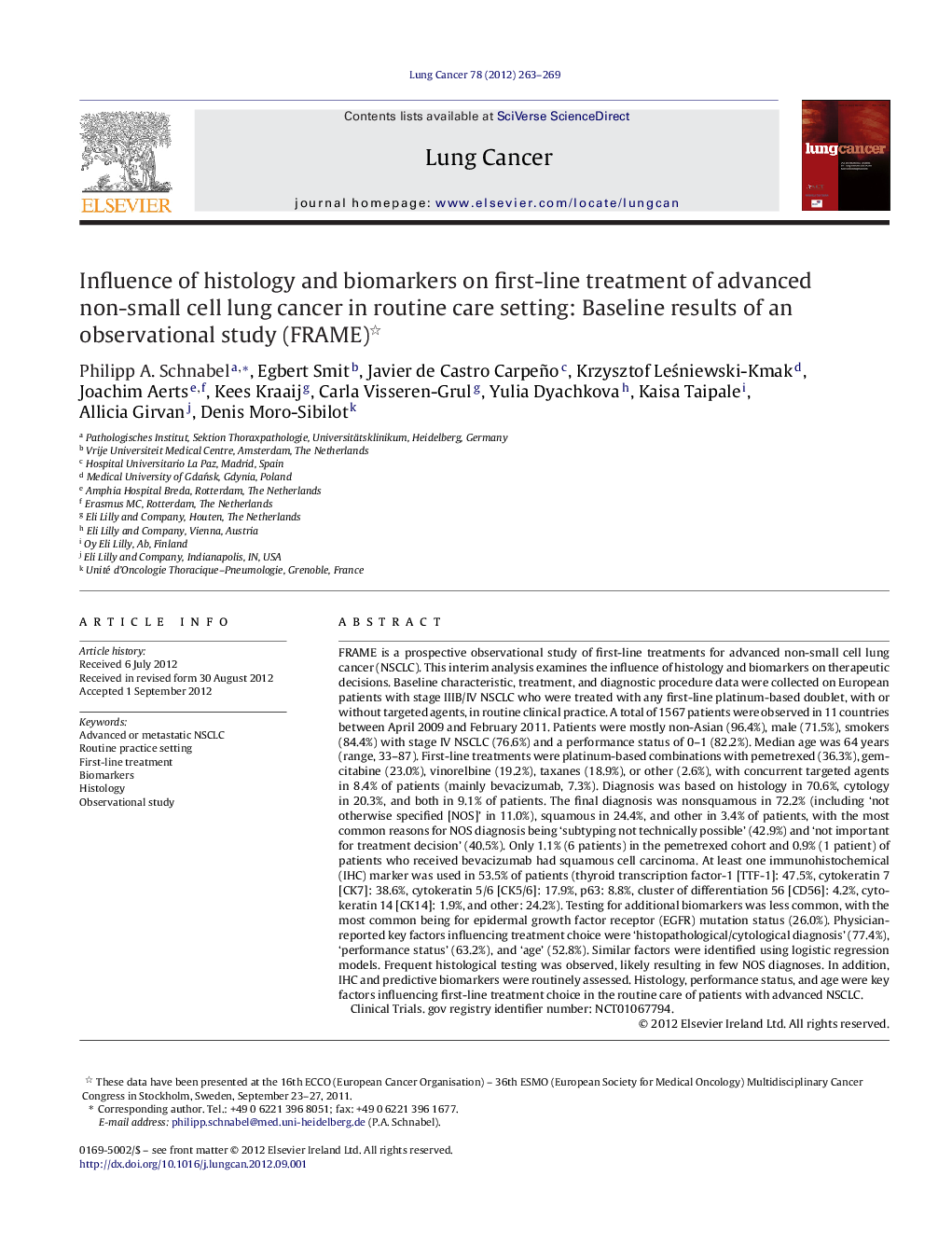 Influence of histology and biomarkers on first-line treatment of advanced non-small cell lung cancer in routine care setting: Baseline results of an observational study (FRAME) 