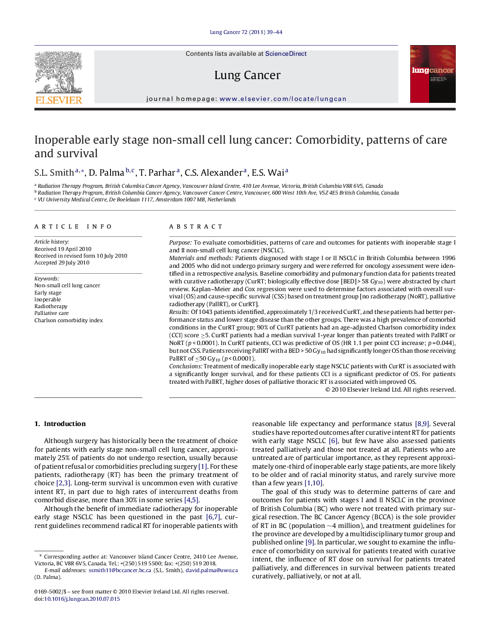 Inoperable early stage non-small cell lung cancer: Comorbidity, patterns of care and survival