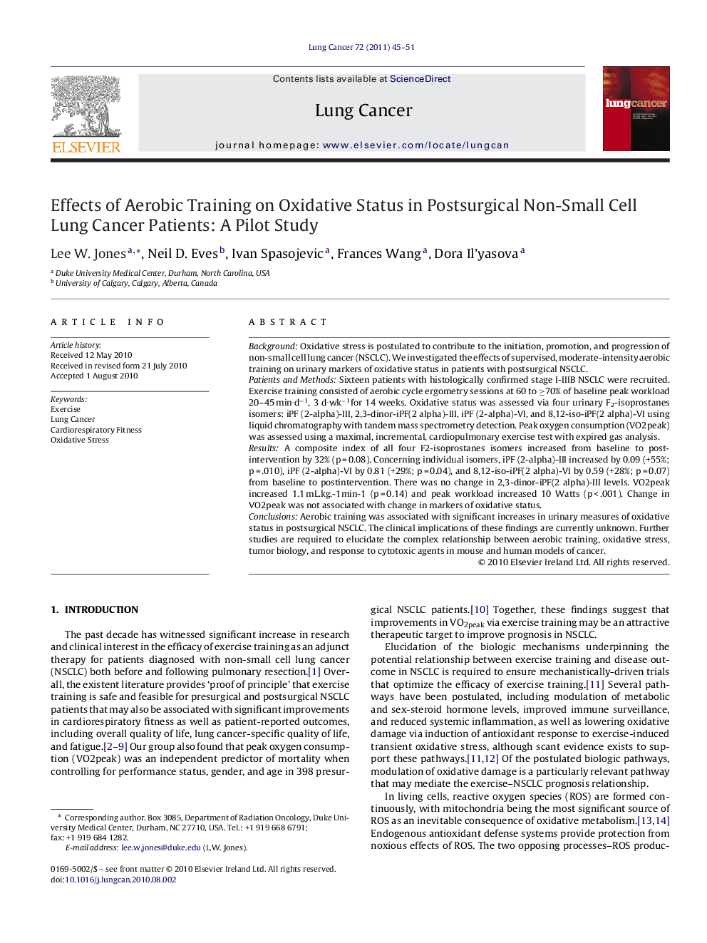 Effects of Aerobic Training on Oxidative Status in Postsurgical Non-Small Cell Lung Cancer Patients: A Pilot Study