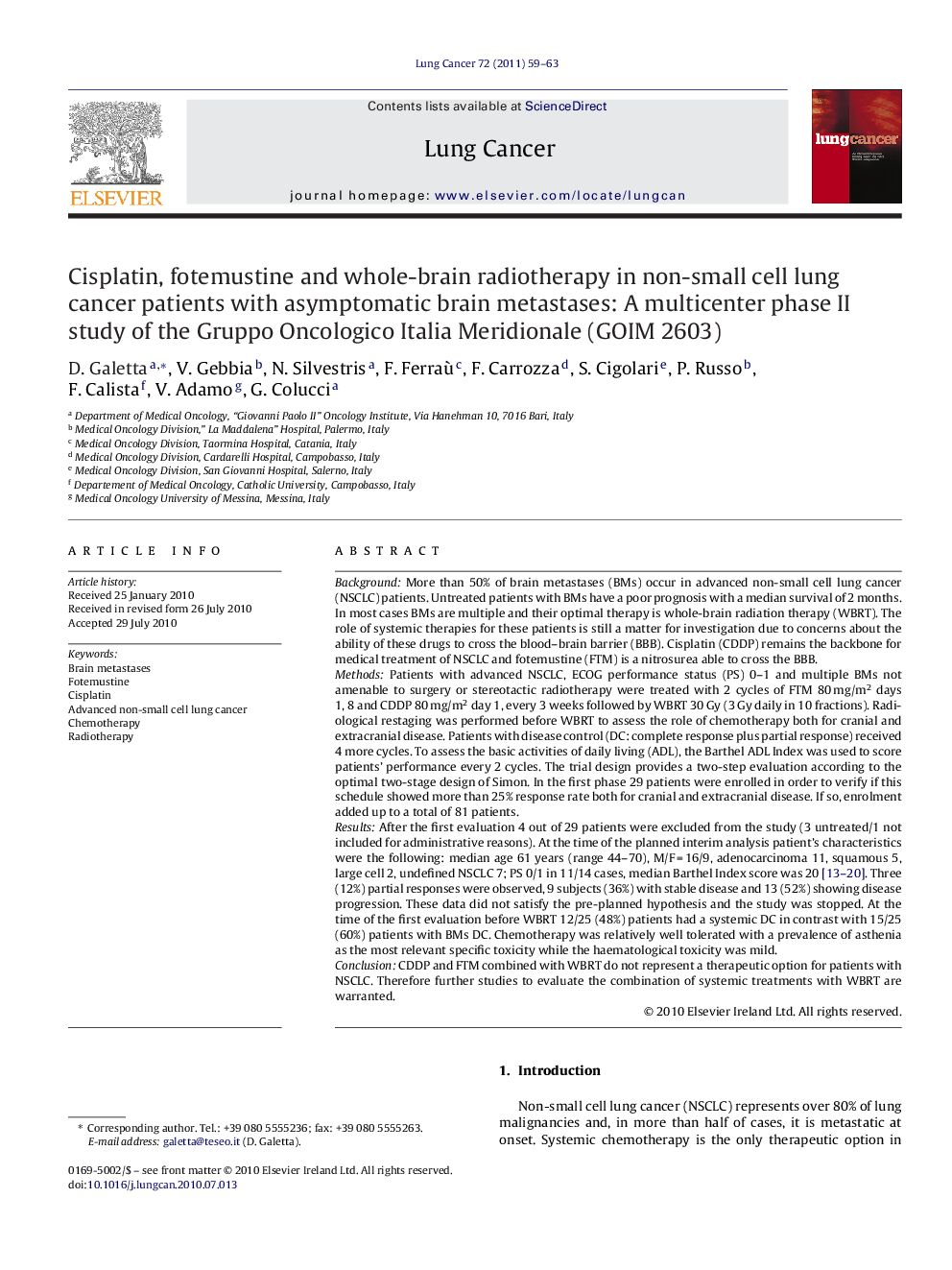 Cisplatin, fotemustine and whole-brain radiotherapy in non-small cell lung cancer patients with asymptomatic brain metastases: A multicenter phase II study of the Gruppo Oncologico Italia Meridionale (GOIM 2603)