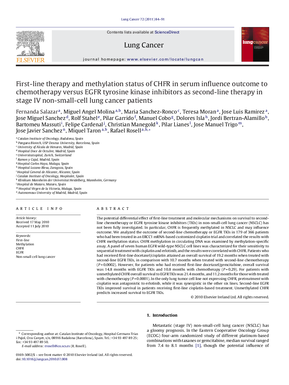 First-line therapy and methylation status of CHFR in serum influence outcome to chemotherapy versus EGFR tyrosine kinase inhibitors as second-line therapy in stage IV non-small-cell lung cancer patients