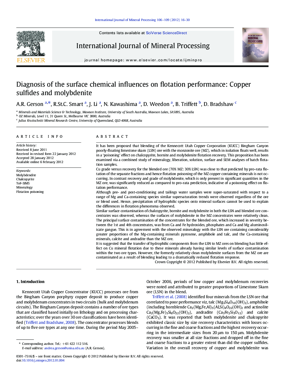 Diagnosis of the surface chemical influences on flotation performance: Copper sulfides and molybdenite