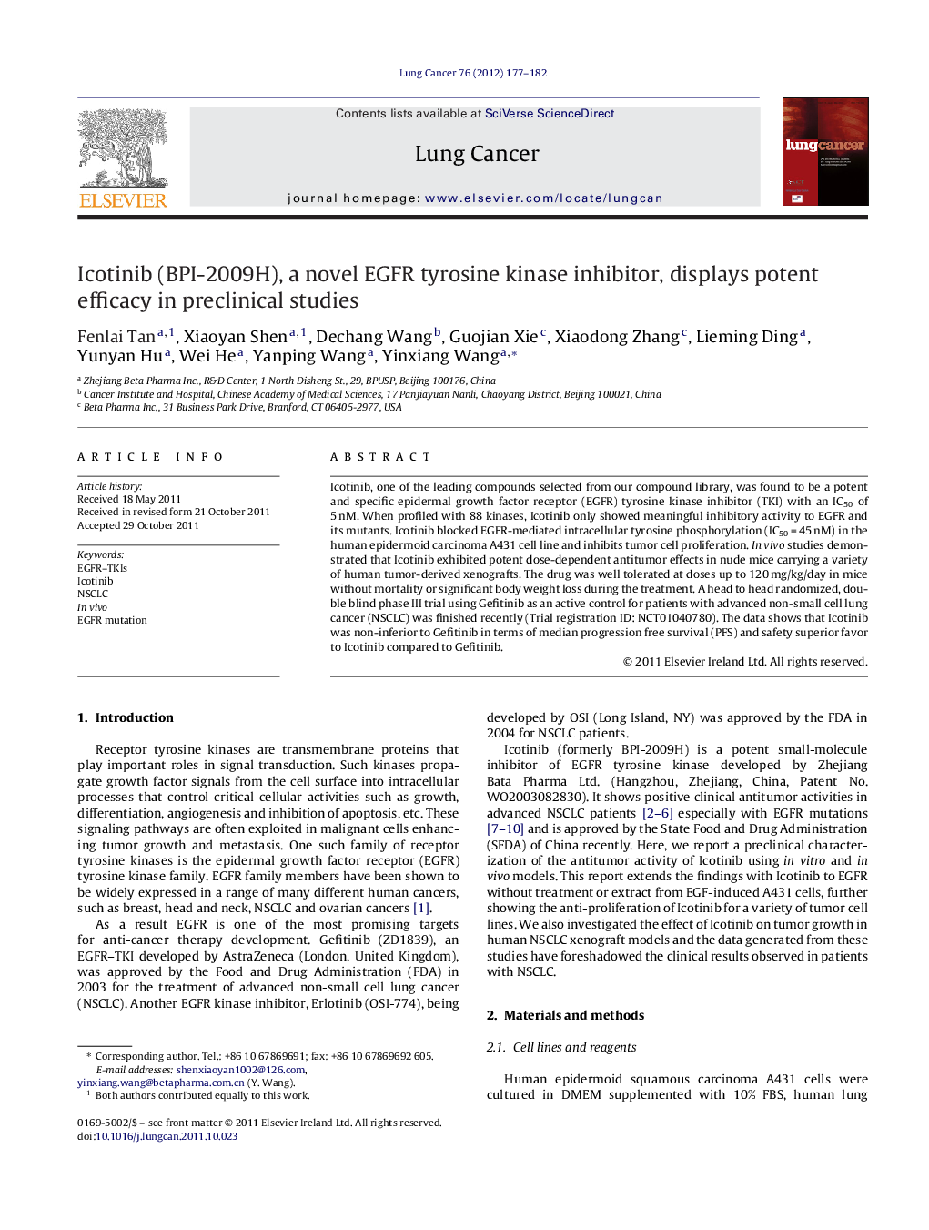 Icotinib (BPI-2009H), a novel EGFR tyrosine kinase inhibitor, displays potent efficacy in preclinical studies