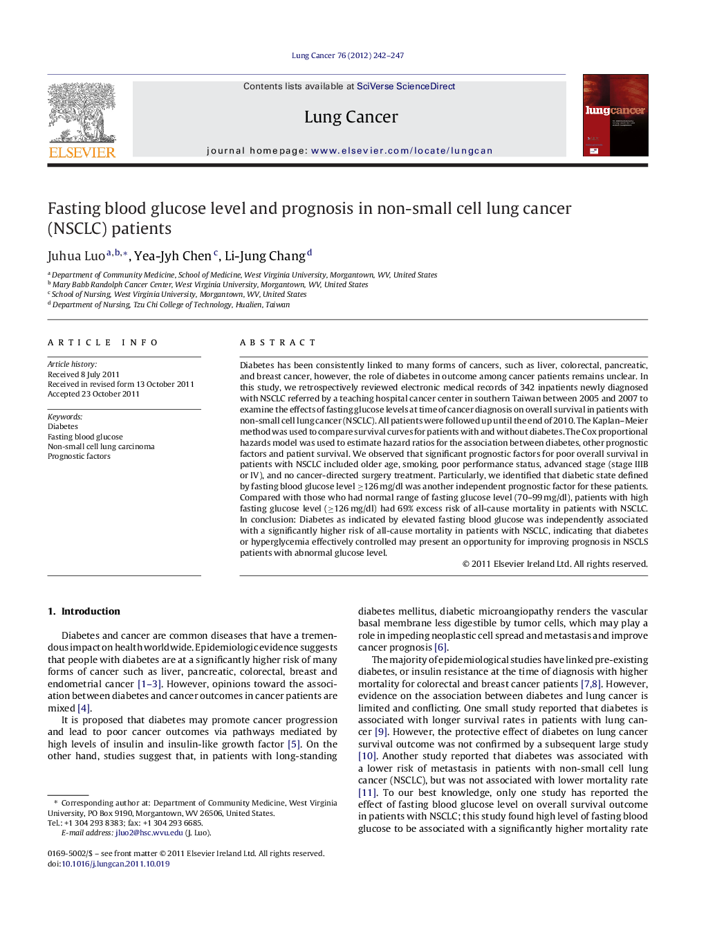 Fasting blood glucose level and prognosis in non-small cell lung cancer (NSCLC) patients