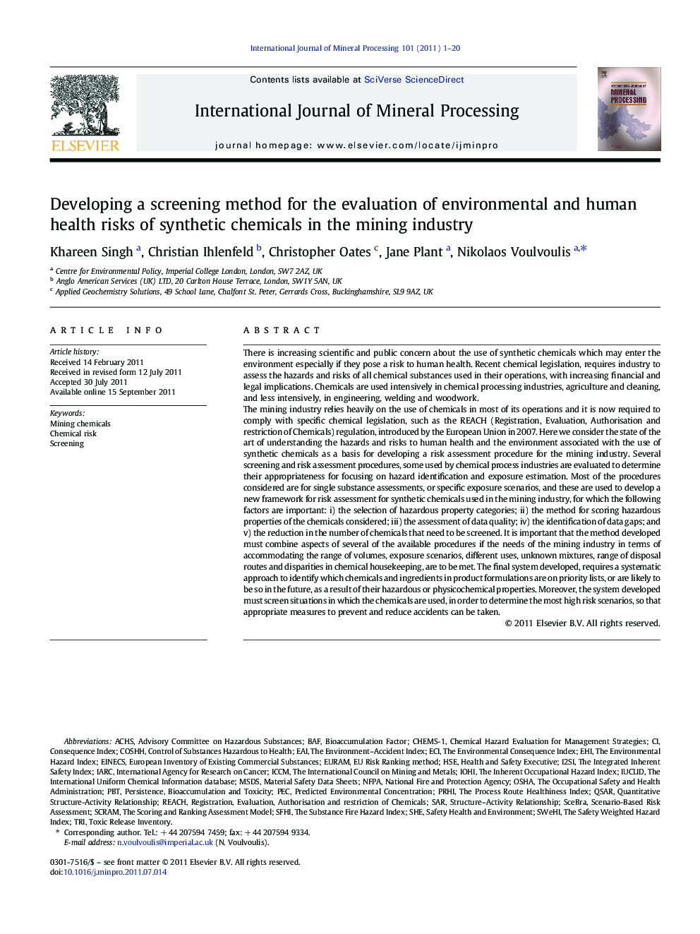 Developing a screening method for the evaluation of environmental and human health risks of synthetic chemicals in the mining industry