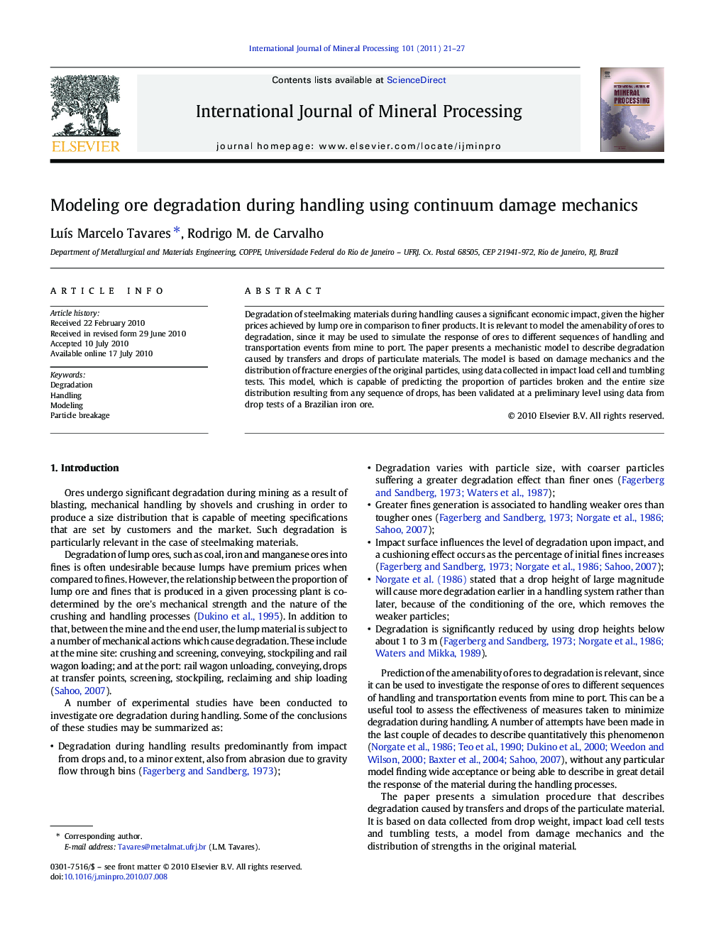 Modeling ore degradation during handling using continuum damage mechanics