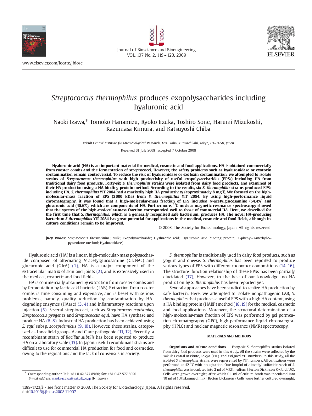 Streptococcus thermophilus produces exopolysaccharides including hyaluronic acid