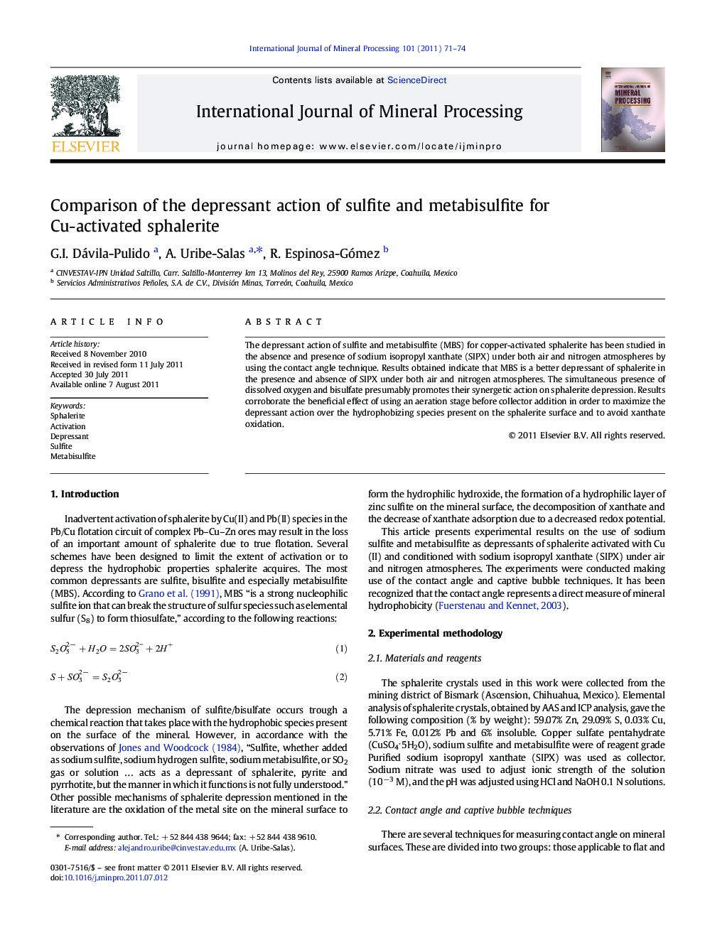 Comparison of the depressant action of sulfite and metabisulfite for Cu-activated sphalerite