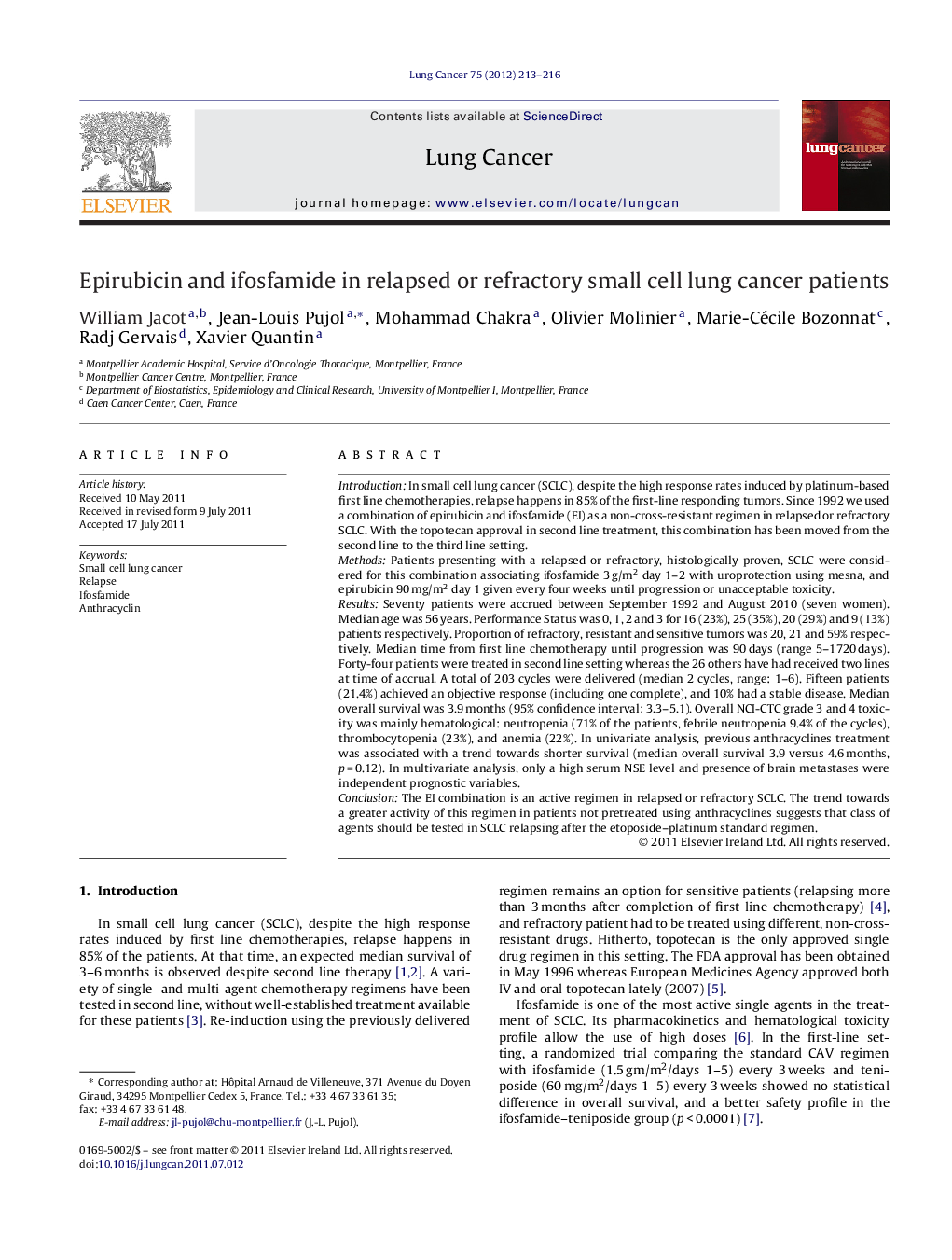 Epirubicin and ifosfamide in relapsed or refractory small cell lung cancer patients