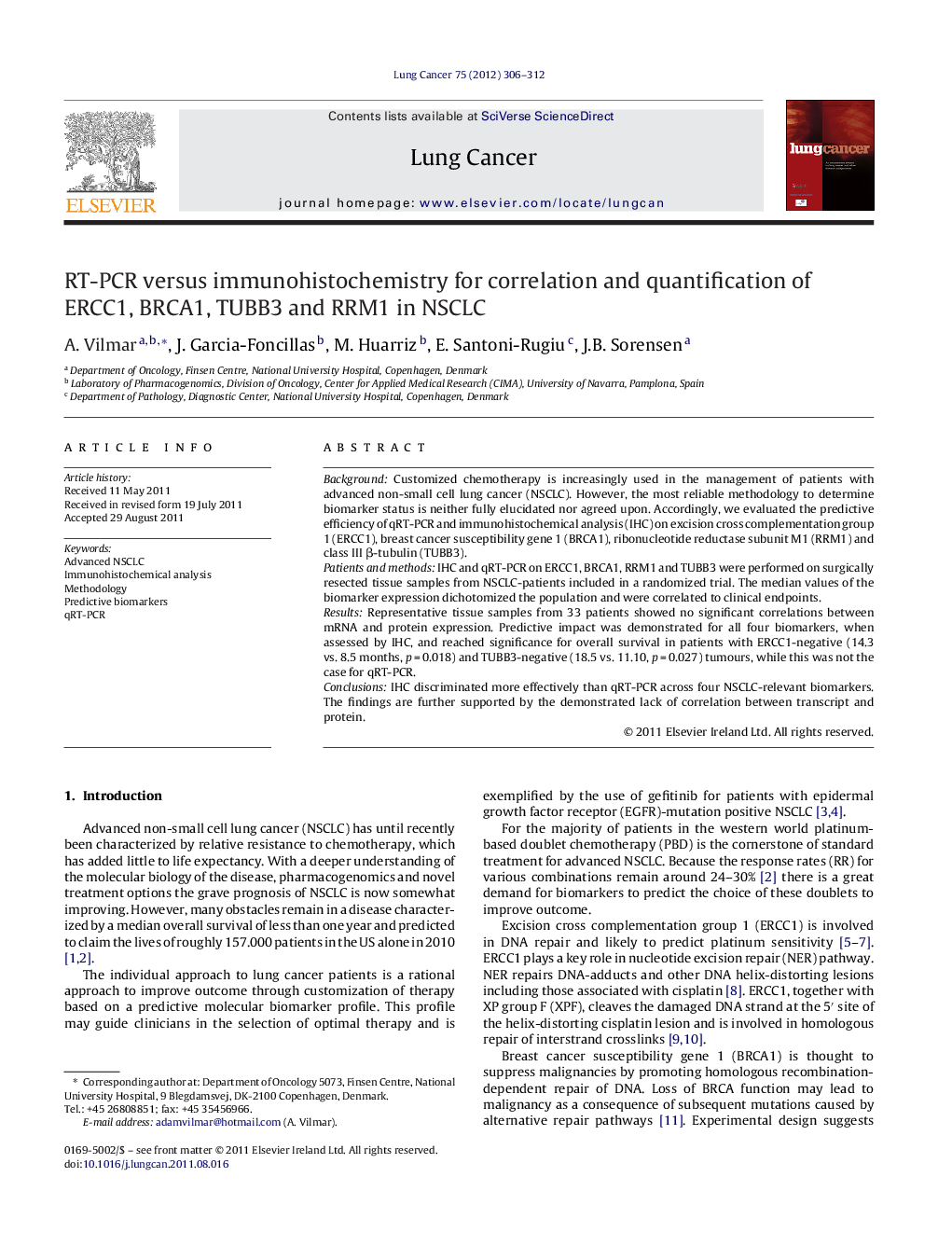 RT-PCR versus immunohistochemistry for correlation and quantification of ERCC1, BRCA1, TUBB3 and RRM1 in NSCLC