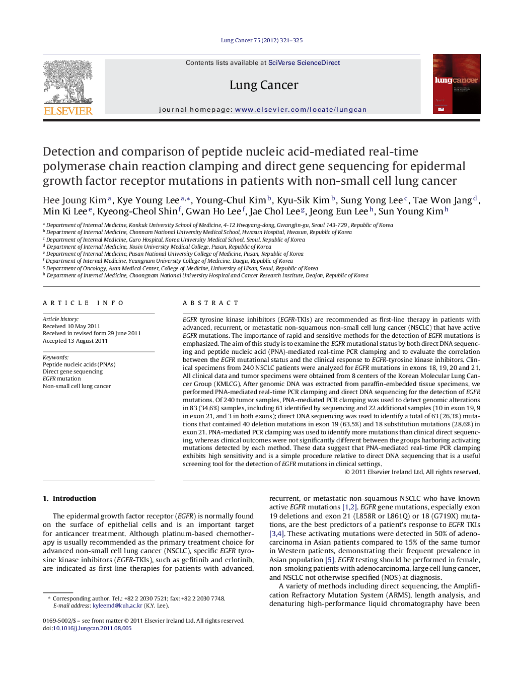 Detection and comparison of peptide nucleic acid-mediated real-time polymerase chain reaction clamping and direct gene sequencing for epidermal growth factor receptor mutations in patients with non-small cell lung cancer