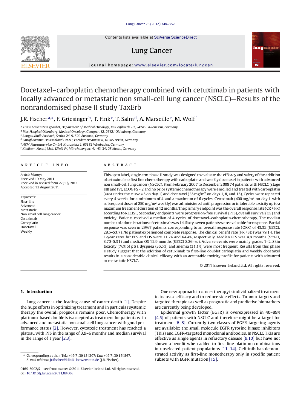 Docetaxel–carboplatin chemotherapy combined with cetuximab in patients with locally advanced or metastatic non small-cell lung cancer (NSCLC)—Results of the nonrandomised phase II study TaxErb