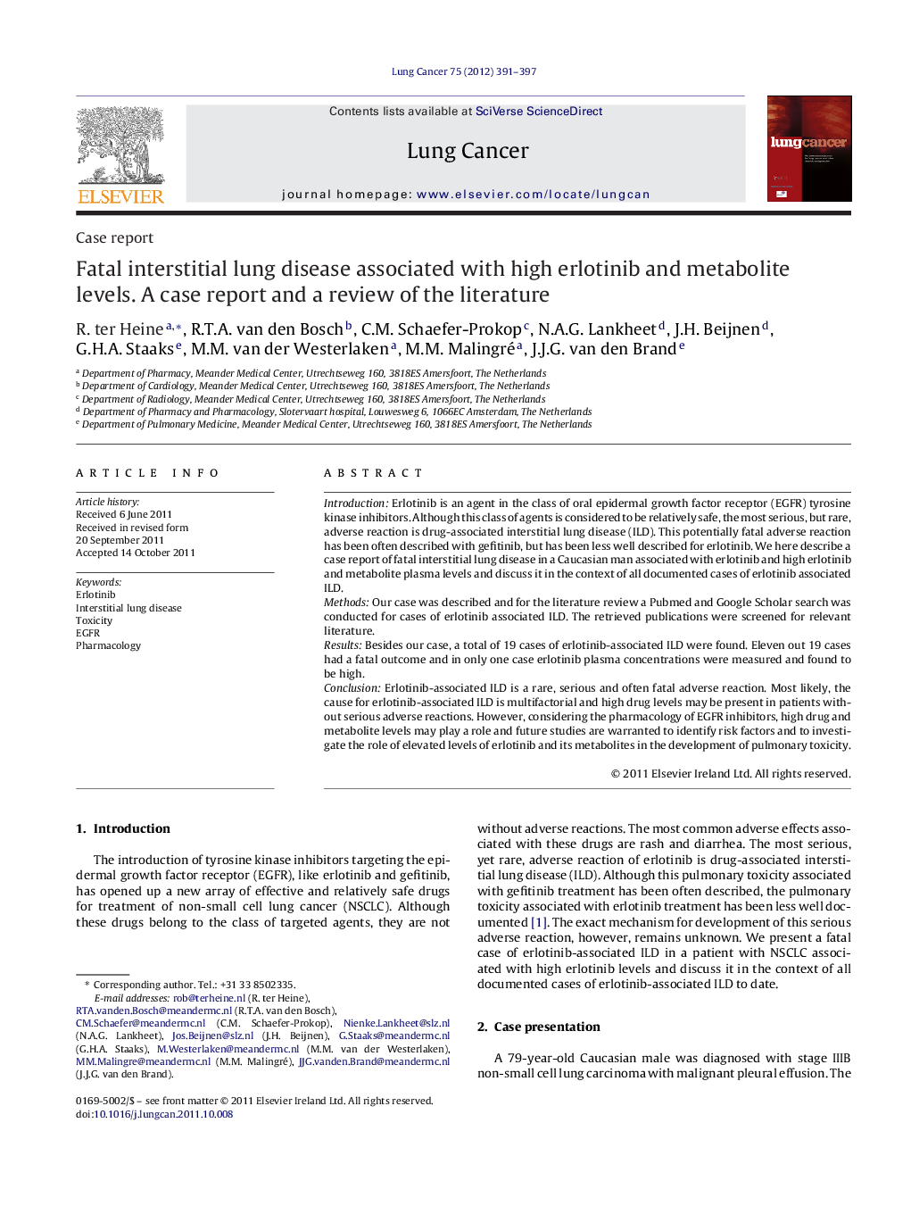 Fatal interstitial lung disease associated with high erlotinib and metabolite levels. A case report and a review of the literature