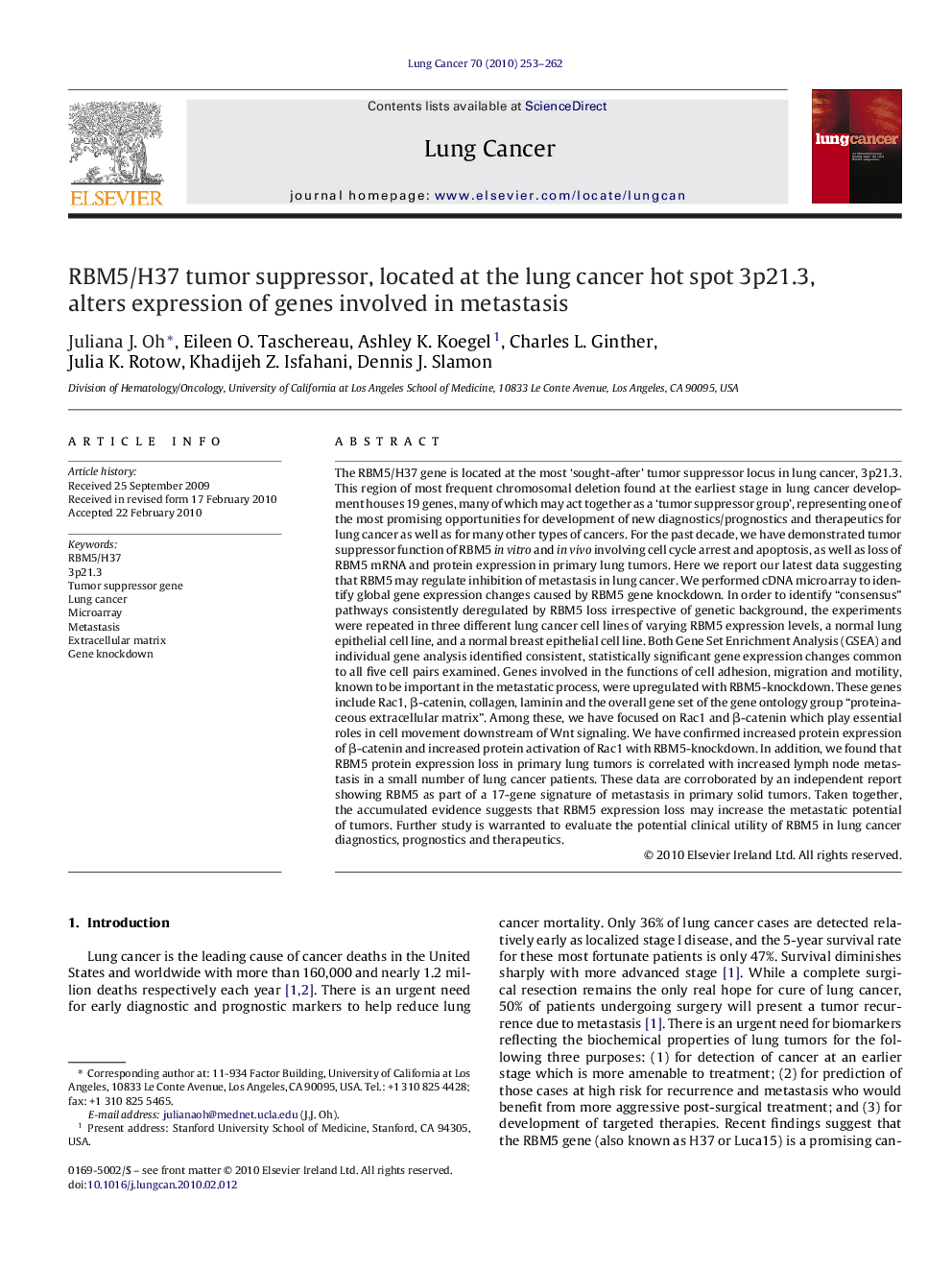 RBM5/H37 tumor suppressor, located at the lung cancer hot spot 3p21.3, alters expression of genes involved in metastasis